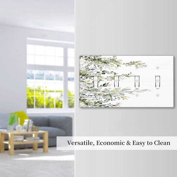 Decorative Light Switch Plate Covers Rustic Eucalyptus Leaves Green Leaf 4 Gang Light Switch Cover Quad Toggle Wall Plate Outlet Covers for Bedroom Home Decor