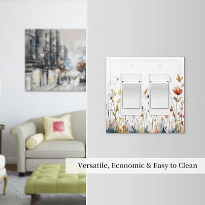 Watercolor Wildflower Colorful Floral Plant Decorative Outlet Covers 2 Gang Double GFCI Rocker Electrical Wall Panels Light Switch Cover Plate for Bed Room Living Room Decor