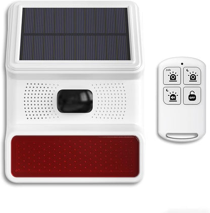 PGST Solar Alarm Motion Detector,Outdoor Security Siren Sensor with Flashing Light,IP65 Waterproof,Remote Control,21 Sound Switching Options,120dB Loud Noise Maker for Farm,Yard,Garden,Fish Pond