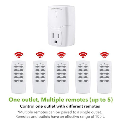 BN-LINK Mini Wireless Remote Control Outlet Switch Power Plug in for Household Appliances, Wireless Remote Light Switch, LED Light Bulbs, White (2 Remotes + 5 Outlets) 1250W/10A
