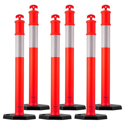 VEVOR 6 Pack Traffic Delineator Posts, 48 inches Traffic Safety Cones with Weighted Base and Reflective Strips, Heavy Duty Delineator Posts for Construction Site, Parking Lot, Crowd Control, Red