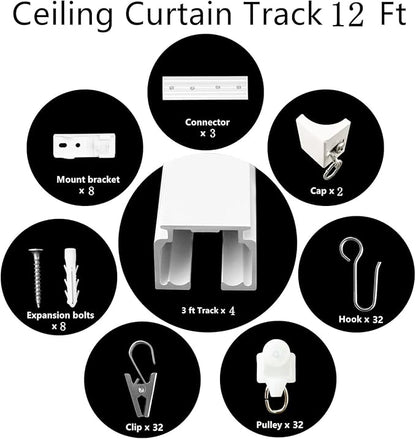 Ceiling Mount Curtains Track Room Divider Privacy Partition Separator Curtain Tracks Rods Heavy Duty RV Shower Outdoor Rail Clip Hook Set, White 3-12ft