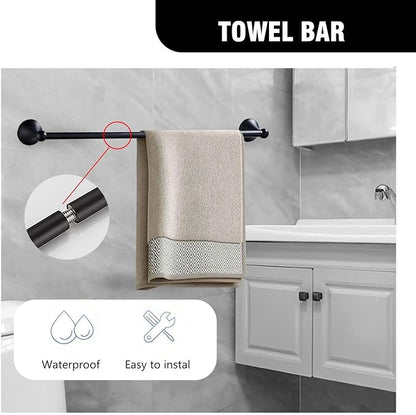 Matt Black Bathroom Accessory Set, Adjustable Towel Bar,Towel Ring,Toilet Paper Holder,Robe Hook 4-Piece Bathroom Hardware Set Wall Mounted (Matt Black)