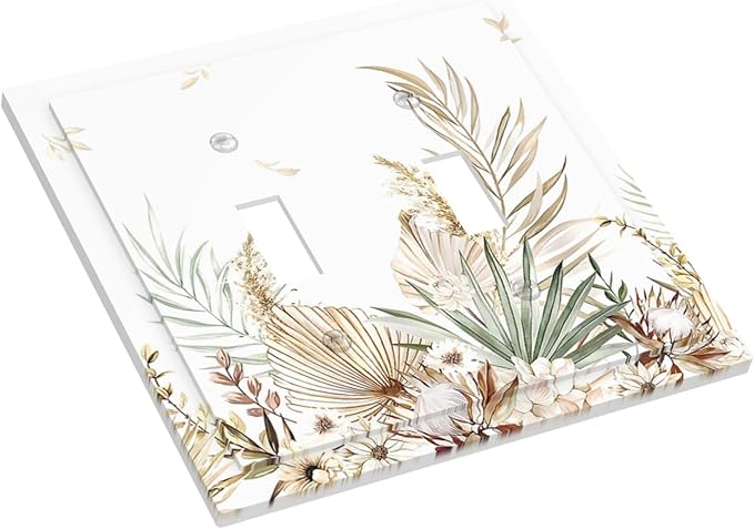 Decorative Switch Plates Boho Leaves Watercolor Tan Leaf Floral Plant 2 Gang Double Toggle Wall Plate Outlet Light Switch Cover Electrical Faceplate for Bedroom Home Decor