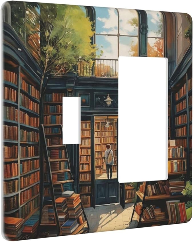 Library With A Lot Of Books Light Switch Covers 2 Gang Single Toggle Rocker Combination Wall Plate Cover Electrical Faceplate Decorative Switchplate for Farmhouse Decor
