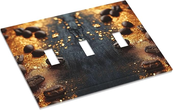 Decorative Light Switch Cover Plate Black Wood Board Gold Dust Coffee Beans 3 Gang Wall Plate Oversized Triple Toggle Switch Cover Plate Jumbo Face Plate for Home Decor