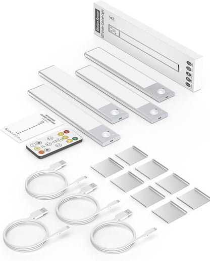 8" Ultra-Thin Under Cabinet Lighting Wireless, Aluminum Alloy Under Counter Lights for Kitchen, 3-Color-Temps Magnetic Closet Lights, Rechargeable Motion Sensor Light Indoor (4 Pack, Silver)
