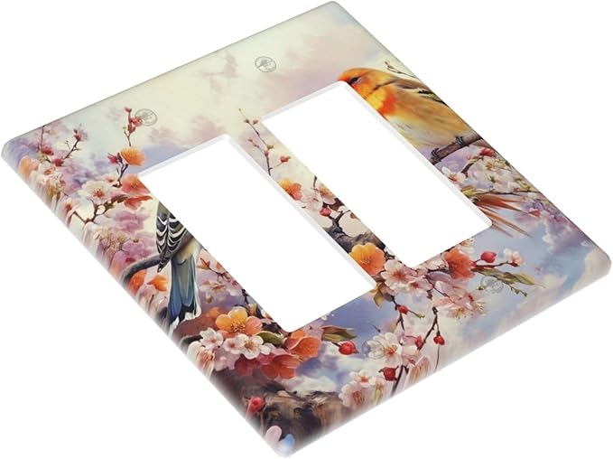 Birds Sitting on Flowers Tree Branch Dual Outlet Covers Wall Plate 2 Gang Rocker Decora Decorative Switch plate Electrical Faceplate GFCI Light Switch Covers for Farmhouse Living Decor