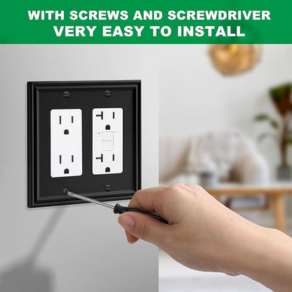 Black Modern Decorative Wall Plate Light Switch Cover Decorator Outlet Covers Rocker Switch Plates Bamboo Fiber Material Wall Plates for Kitchen Bathroom (2 Gang Double Decorator-2 Pack)