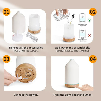 URPOWER 120ML Ceramic Essential Oil Diffuser Ultrasonic Aromatherapy Diffuser with Wood Grain Base, 7-Color LED Lights Auto Shut-Off, Humidifier for Home & Office, Air Diffuser for Relaxation