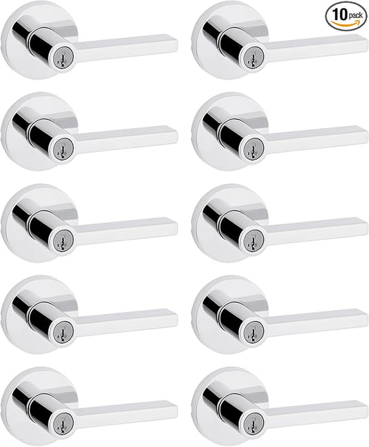 Kwikset Halifax Entry Door Handle with Lock and Key, Secure Keyed Reversible Lever Exterior, for Front Entrance and Bedrooms, Polished Chrome, 10 Pack, Pick Resistant SmartKey Rekey Security