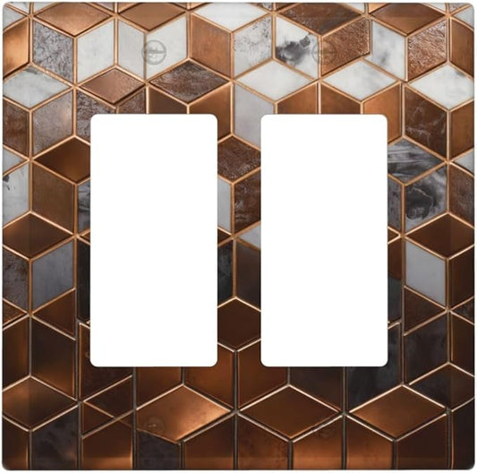 Brown Abstract Luxury Modern Geometric Cubic Marble 2 Gang Double Rocker Decorative Light Switch Covers Electrical Faceplate Switch Plates for Bathroom Kitchen Home