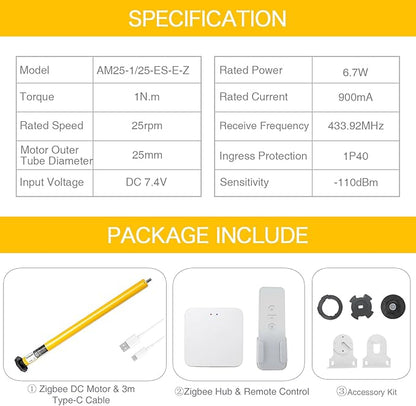 Smart Blinds Motor with Free Zigbee 3.0 Hub & 6-Month Rechargeable Battery, 8.8lb Load for 1.5"/38mm Tubes, 30dB Ultra Quiet, Compatible with Alexa/Google Home & Zebra/Roman/Roller Blinds