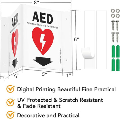 Faittoo AED Sign, AED with Down Arrow - 3 Pack 6 x 8 Inches V-Shaped Acrylic Plastic, 4 Pre-Drilled Holes, Includes Matching Screws, Use for Home Office/Business