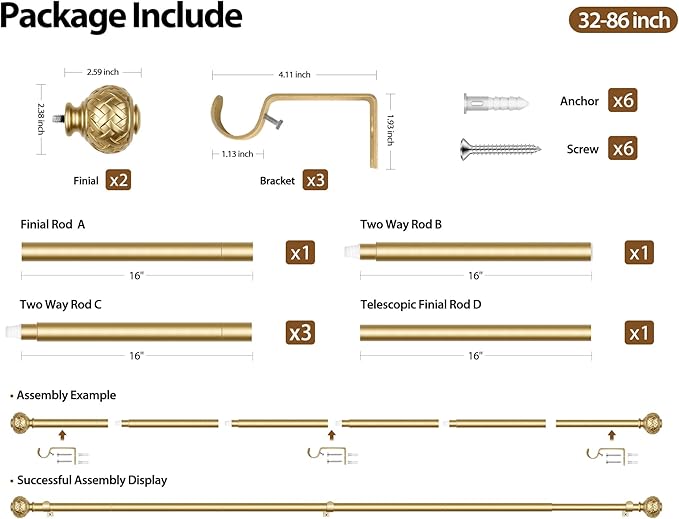 TONIAL Gold Curtain Rod 32 to 86 Inches, 7/8 Adjustable Curtain Rods for Windows 20 to 82 Inches, Splicing Drapery Rods Heavy duty with Netted Texture Finials