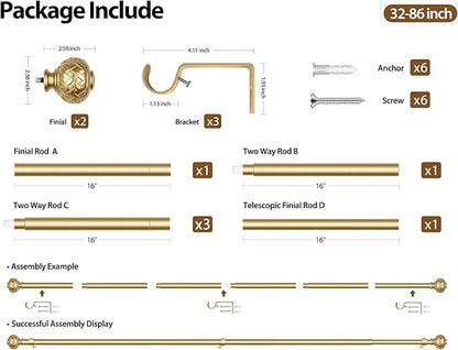 TONIAL Gold Curtain Rod 32 to 86 Inches, 7/8 Adjustable Curtain Rods for Windows 20 to 82 Inches, Splicing Drapery Rods Heavy duty with Netted Texture Finials