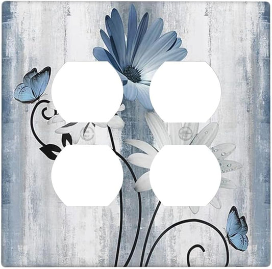 Decorative Outlet Covers Rustic Blue White Daisy Ink Flower 2 Gang Light Switch Cover Plate Double Duplex Wall Plates for Electrical Outlets Switch Plate Covers for Bedroom Home Decor