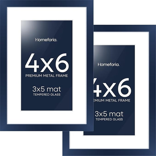 Homeforia Navy Blue 4x6 Picture Frame, High End Metal 4 x 6 Frames with Mat 3 x 5 for Print, 4by6 Desk Frame Matted to 3x5 inch Photo, 4 by 6 Wall or Tabletop Frame, Tempered Glass, Wall Kit, Set of 2