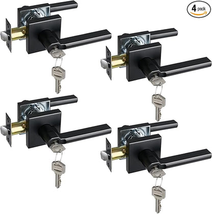 Keyed Entry Door Lever with Lock, Heavy Duty Square Interior Handle for Front Door and Office, Matte Black, Reversible for Right&Left Handed, 4Packs