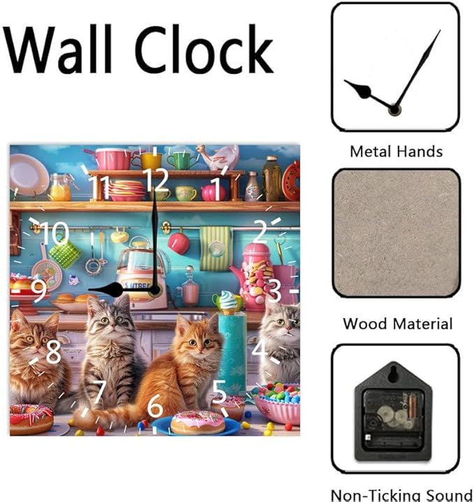 10 in Kitchen Kittens and Donuts -268 Wood Wall Clock – Digital Time Display, Smart Home Compatible for Bedside or Workspace