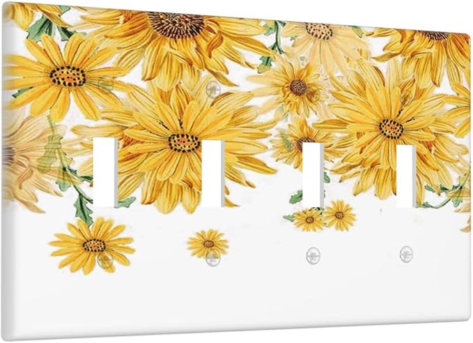 Sunflower Yellow Flowers Floral Light Switch Covers Quad Toggle Electrical Faceplate 4 Gang Wall Plate Decorative Switch Plates for Bed Room Living Room Decor