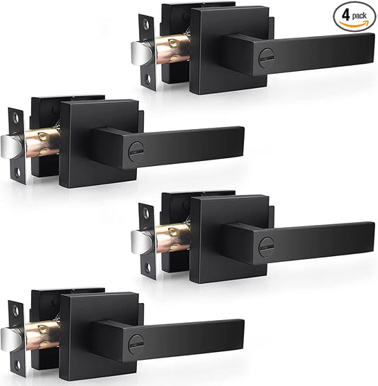 Probrico 4 Pack| Matte Black Square Privacy Door Levers Bed Bath Door Handles, Heavy Duty Interior Keyless Door Locks for Left or Right Sided Doors