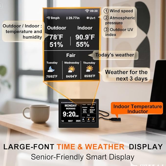 2025 Digital Clock with Weather Forecast & Temperature/Humidity Large Display, Auto Time Sync,Custom Alarms & Medication Reminders, Elderly Memory Loss (Black, 7-Inch)