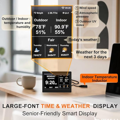 2025 Digital Clock with Weather Forecast & Temperature/Humidity Large Display, Auto Time Sync,Custom Alarms & Medication Reminders, Elderly Memory Loss (Black, 7-Inch)