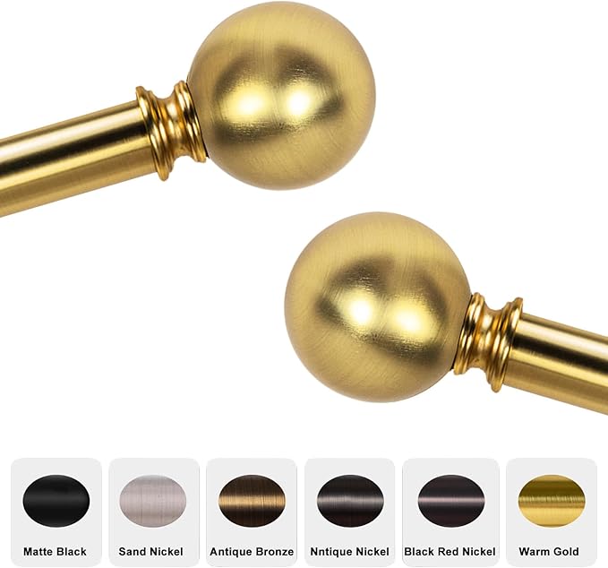 Curtain Rods for Windows 18 to 145 inches,1 Inch Modern Metal Drapery Rods,Adjustable Heavy Duty Curtain Pole with Round Finials(18"-145"Warm Golden)