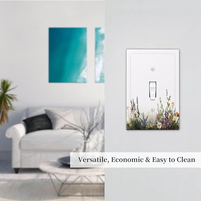 Decorative Light Switch Cover Plate White Background Colorful Flowers Plants Green Leaves 1 Gang Single Toggle Wall Plate Electrical Outlet Covers Decorate Switch Plate Cover for Bedroom Home Decor