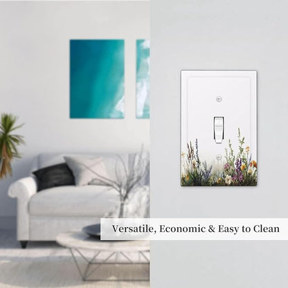 Decorative Light Switch Cover Plate White Background Colorful Flowers Plants Green Leaves 1 Gang Single Toggle Wall Plate Electrical Outlet Covers Decorate Switch Plate Cover for Bedroom Home Decor