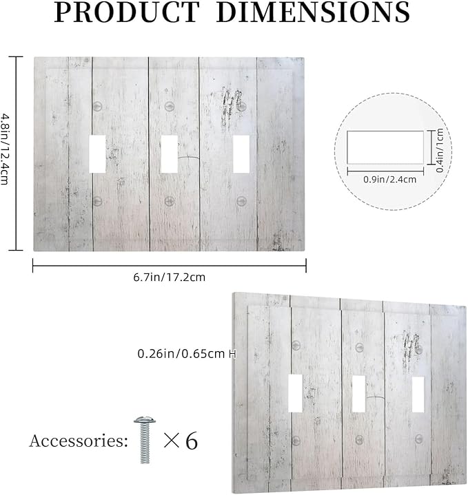Rustic White Grey Wood Grain Decorative Switch Plates 3 Gang Wall Plate Triple Toggle Light Switch Cover Electrical Wall Panels Faceplate for Bedroom Bathroom Decor