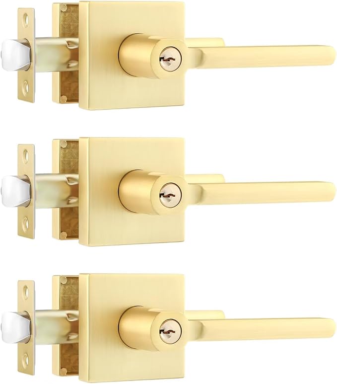 Leydebong 3 Pack Gold Entry Knob Combo Pack Keyed Alike, Heavy Duty Entrance Door Lever, Exterior Lockset Contemporary Style, Modern Front Door Hardware