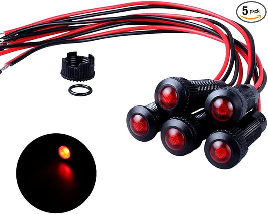 5pcs 8mm LED Indicator Light Plastic Black Signal Dot Lamp 12V-24V 5/16" Mounting Hole Size with 15cm/5.9in. Wire (Red LED)