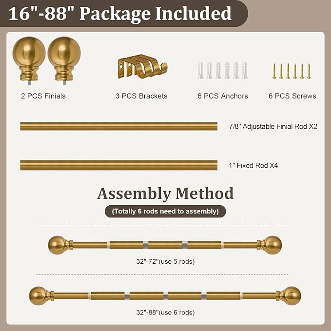 Modern Gold Curtain Rods for Windows 48 to 84 Inch 1" Diameter Adjustable Heavy Duty Brass Window Curtain Rod with Metal Finials for Living Room Bedroom Farmhouse Kitchen Outdoor
