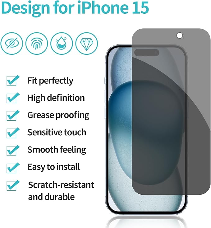 PEHAEL 2+2Pack for iPhone 15 Privacy Screen Protector with Camera Lens Protector Full Coverage Anti-Spy Tempered Glass Film 9H Hardness Easy Installation Bubble Free [6.1 inch]