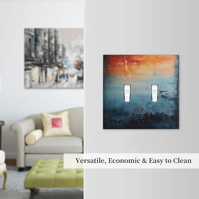 Blue Orange Abstract Modern Minimalist Oil Painting 2 Gang Double Toggle Light Switch Cover Decorative Switchplate Electrical Wall Plates Faceplate for Bathroom Bedroom Decor 4.9 X 5 IN