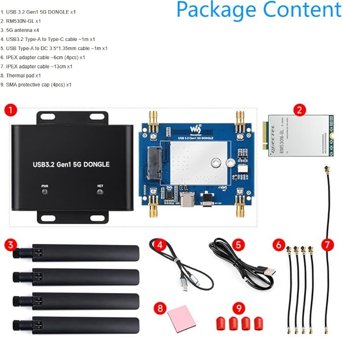Global 5G DONGLE Expansion Board, USB 3.2 Port, Onboard M.2 Key B Interface, Quad Antennas, Aluminum Alloy Case, with Qualcomm RM530N-GL 5G Sub-6G & mmWave Module @XYGStudy (RM530N-GL 5G DONGLE (B))