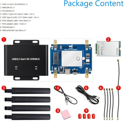 Global 5G DONGLE Expansion Board, USB 3.2 Port, Onboard M.2 Key B Interface, Quad Antennas, Aluminum Alloy Case, with Qualcomm RM530N-GL 5G Sub-6G & mmWave Module @XYGStudy (RM530N-GL 5G DONGLE (B))