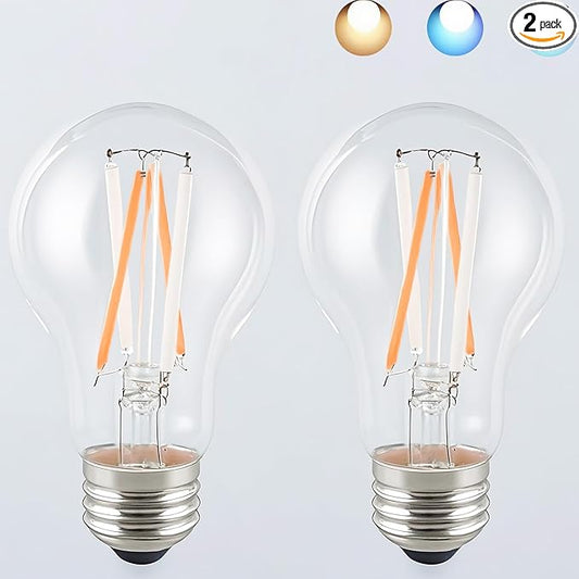 3 Color Temperature LED Bulb E26 Medium Base 60W Equivalent, 2700K Warm White and Blue Color Changing Light Bulb 3CCT A19 LED 6W Clear Glass, Not Dimmable, 2 Pack