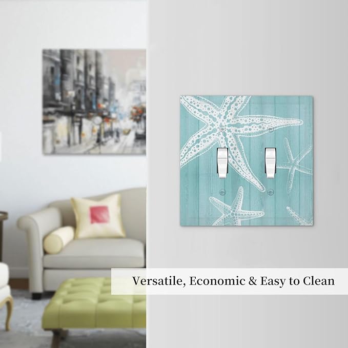 Decorative Light Switch Cover Plate Starfish Teal Wood Board Nautical 2 Gang Outlet Covers Double Toggle Wall Plates for Electrical Outlets Switch Plate Covers Faceplate for Bedroom Home Decor