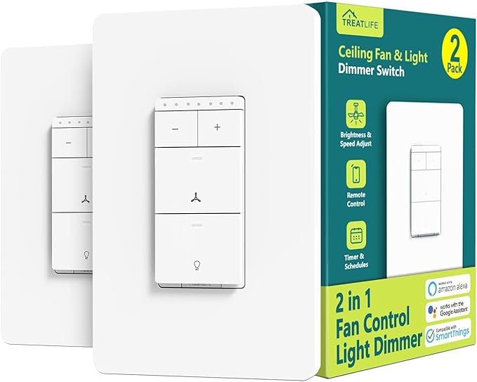 TREATLIFE Smart Ceiling Fan Control and Dimmer Light Switch 2Pack, Neutral Wire Needed, 2.4GHz Single Pole Wi-Fi Fan Light Switch Combo Works with Alexa, Google Home and SmartThings, Remote Control