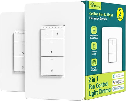 TREATLIFE Smart Ceiling Fan Control and Dimmer Light Switch 2Pack, Neutral Wire Needed, 2.4GHz Single Pole Wi-Fi Fan Light Switch Combo Works with Alexa, Google Home and SmartThings, Remote Control
