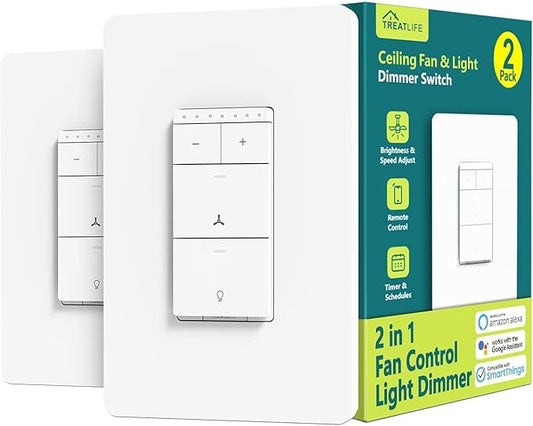 TREATLIFE Smart Ceiling Fan Control and Dimmer Light Switch 2Pack, Neutral Wire Needed, 2.4GHz Single Pole Wi-Fi Fan Light Switch Combo Works with Alexa, Google Home and SmartThings, Remote Control