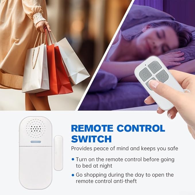 Wireless Door Alarm With 2 Remote Controls, 130DB Adjustable Volume, 5 Modes Sound And Light Alerts, Magnetic Sensor For Home Security