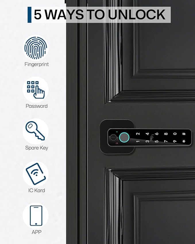 5-in-1 Smart Fingerprint Door Lock,Keyless Entry Digital Knob, Bluetooth App Control, Card and Key, Biometric Door Knob with Handle, Easy to Install for Exterior, Interior, Bedroom Doors