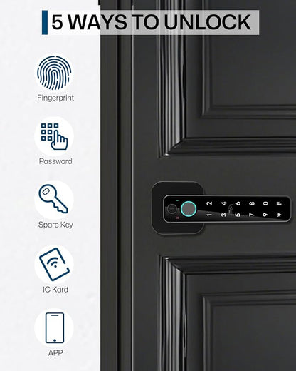 5-in-1 Smart Fingerprint Door Lock,Keyless Entry Digital Knob, Bluetooth App Control, Card and Key, Biometric Door Knob with Handle, Easy to Install for Exterior, Interior, Bedroom Doors