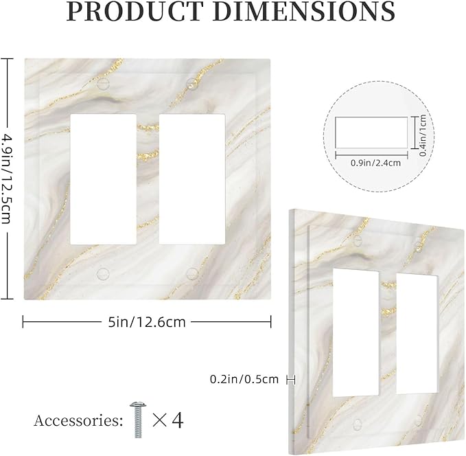 White Grey Gold Marble Simple Tiles Decorative Outlet Covers 2 Gang Double GFCI Rocker Electrical Wall Panels Light Switch Cover Plate for Bathroom Kitchen Decor