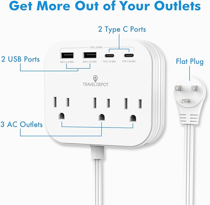 Cruise Essentials Flat Plug Power Strip, Durable 5 ft Extension Cord w/ 3 Outlets Extender & Built-In Type C Cable, 2 USB & 2 USB-C Ports, No Surge Protector for Cruise Travel, Dorm, Home
