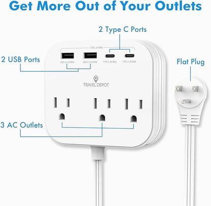 Cruise Essentials Flat Plug Power Strip, Durable 5 ft Extension Cord w/ 3 Outlets Extender & Built-In Type C Cable, 2 USB & 2 USB-C Ports, No Surge Protector for Cruise Travel, Dorm, Home